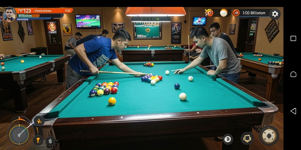 Tampilan antarmuka permainan billiard yang menarik dan interaktif.